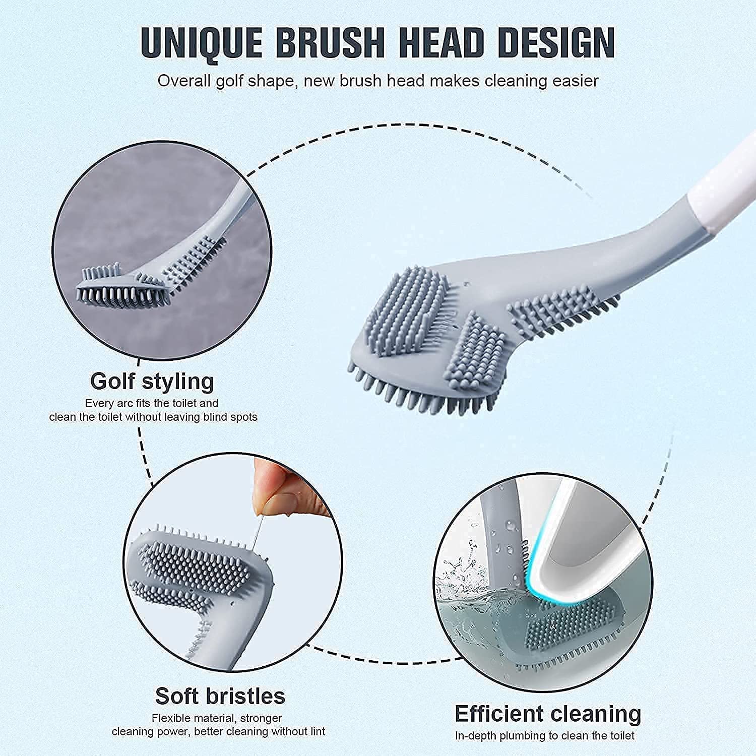 Golf Shape Silicone Toilet Brush with Self-Adhesive Wall Hook Holder Anti-drip Non-Slip Long Handle Quick & Easy Cleaning Bathroom Cleaner